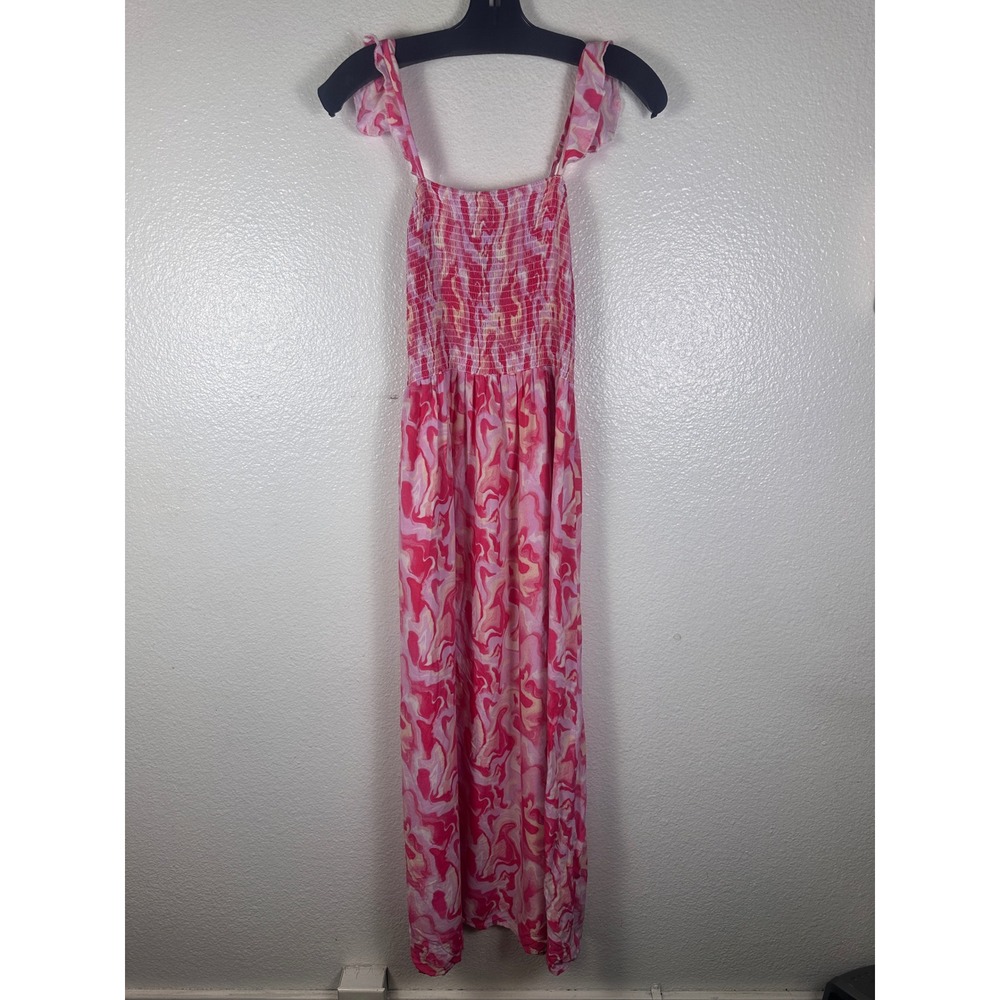 Lark‎ + Grey Pink Marble Swirl Smocked Maxi Dress Ruffle Strap XL